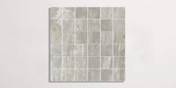 Nasco Stone + Tile Bryant Park Silver 2" x 2" mosaic porcelain tile.