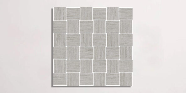 Nasco Stone + Tile Crave Light Grey Basketweave Mosaic porcelain tile.