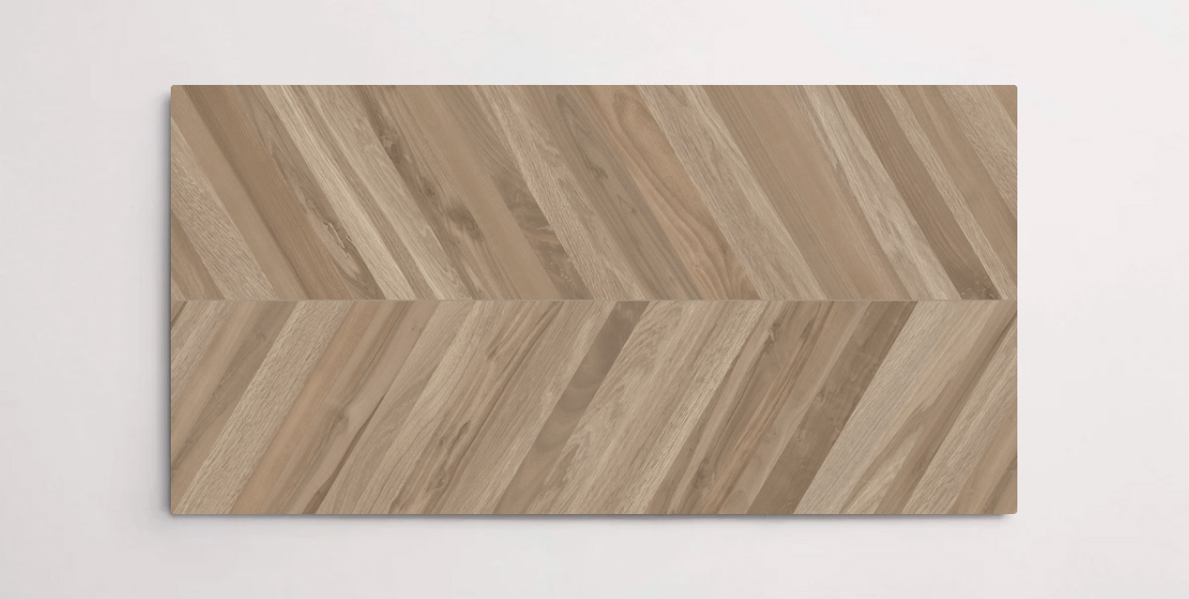 Nasco Stone + Tile Florence Miel Chevron 24" x 48" wood-look porcelain tile.