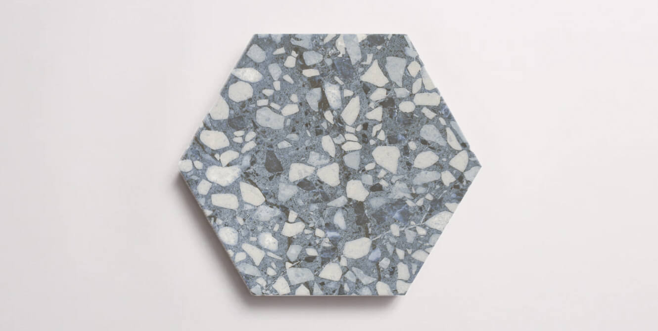 Nasco Stone + Tile Tex Blue hexagon porcelain tile.