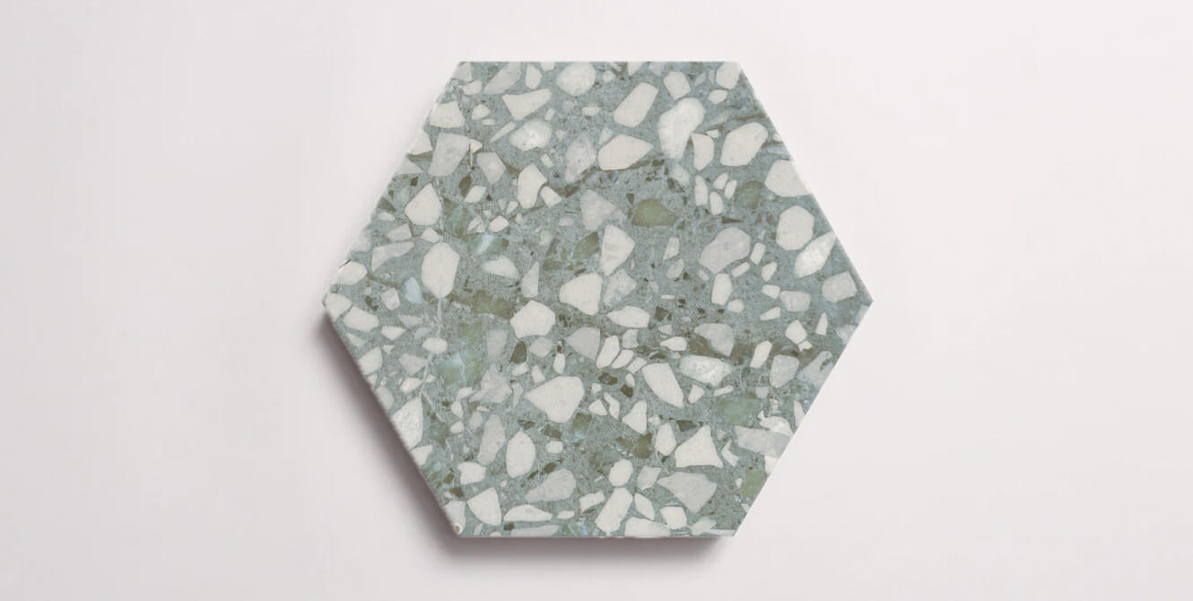 Nasco Stone + Tile Tex Sage hexagon porcelain tile.