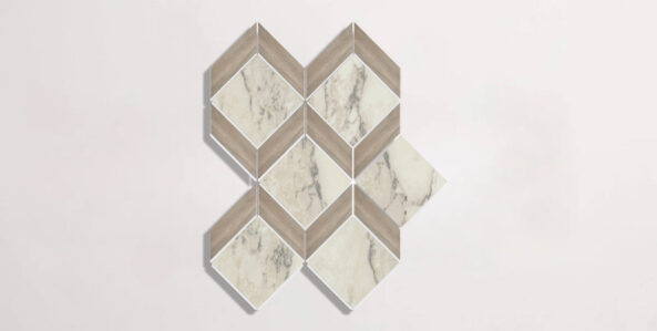 Nasco Stone + Tile Pisa Arabescato porcelain diamond mosaic tile.