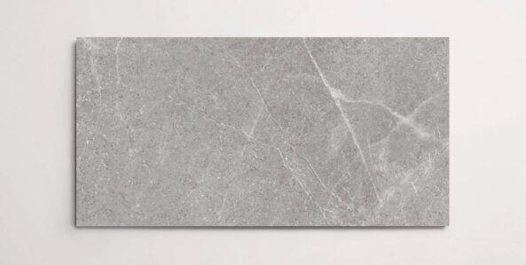 A single grey 10" x 30" stone-like porcelain tile with subtle veining