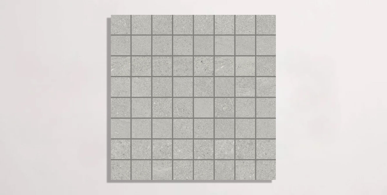 Nasco Stone + Tile Newen Grey Square Mosaic porcelain tile.