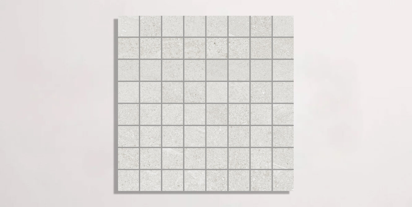 Nasco Stone + Tile Newen White Square Mosaic porcelain tile.